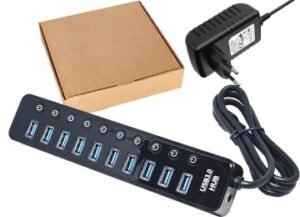 HUB USB 10 PUERTOS USB H 3.0 ACTIVO CON TRANSFORMADOR ALIMENTACION EXTERNA 12V 4A 5.5X2.1MM INCLUIDO PATAS REDONDAS